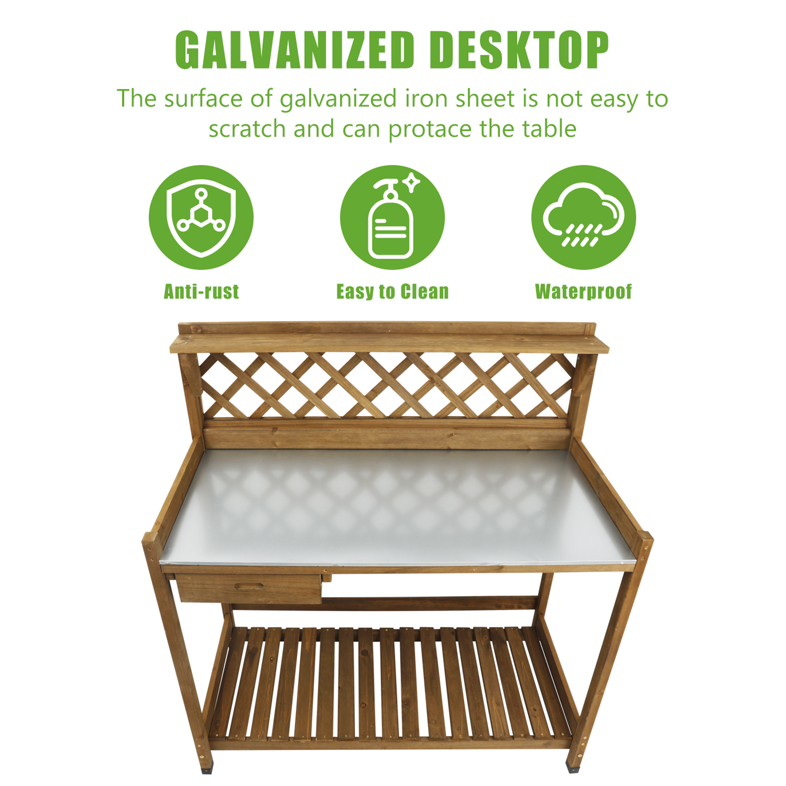 Wooden Potting Benches & Tables, W/Metal Table Top, Drawer, Bottom Shelf-GF11