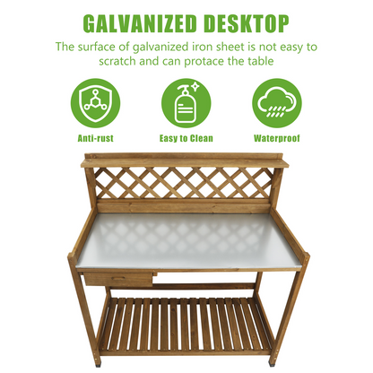 Wooden Potting Benches & Tables, W/Metal Table Top, Drawer, Bottom Shelf-GF11