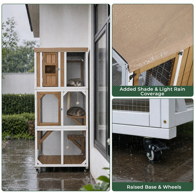 62.6" Rolling Wooden Outdoor Catio with Waterproof Roof & Window Access-PET98