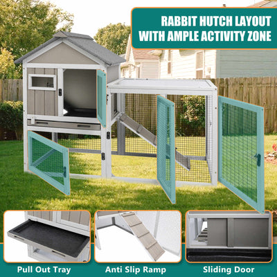 PETSCOSSET 48" Wooden Rabbit Hutch, 2-Story Bunny Cage for Indoors & Outdoors, Waterproof with Tray & Ramp