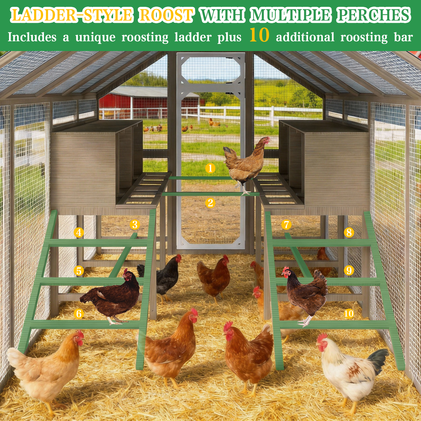 PETSCOSSET Large Wooden Outdoor Chicken Coop Poultry Cage with Waterproof Cover, Nesting Boxes for 8–12 Chickens