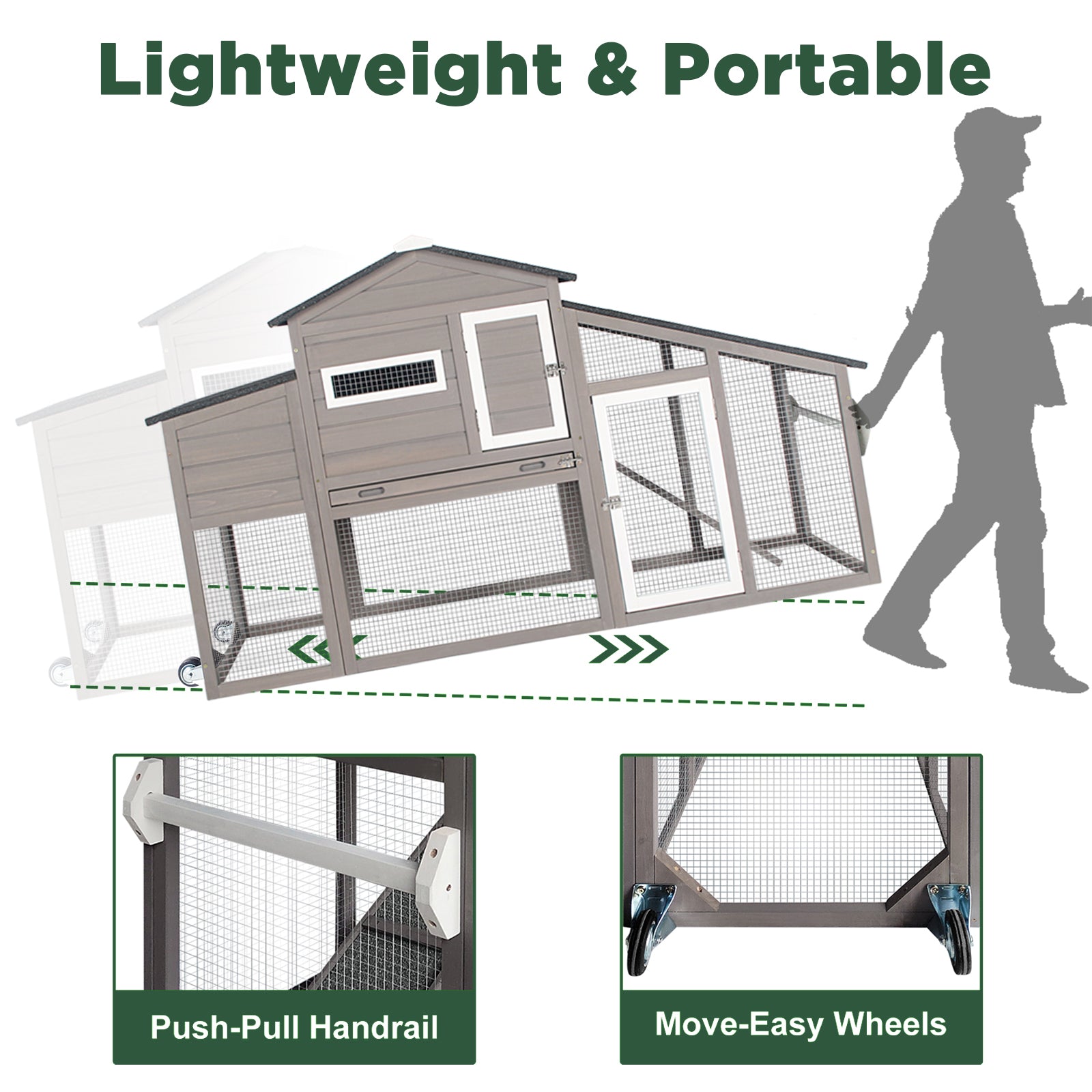 Small Chicken Coop with Run for 2–3 Chickens with Wheels – 01-Gray