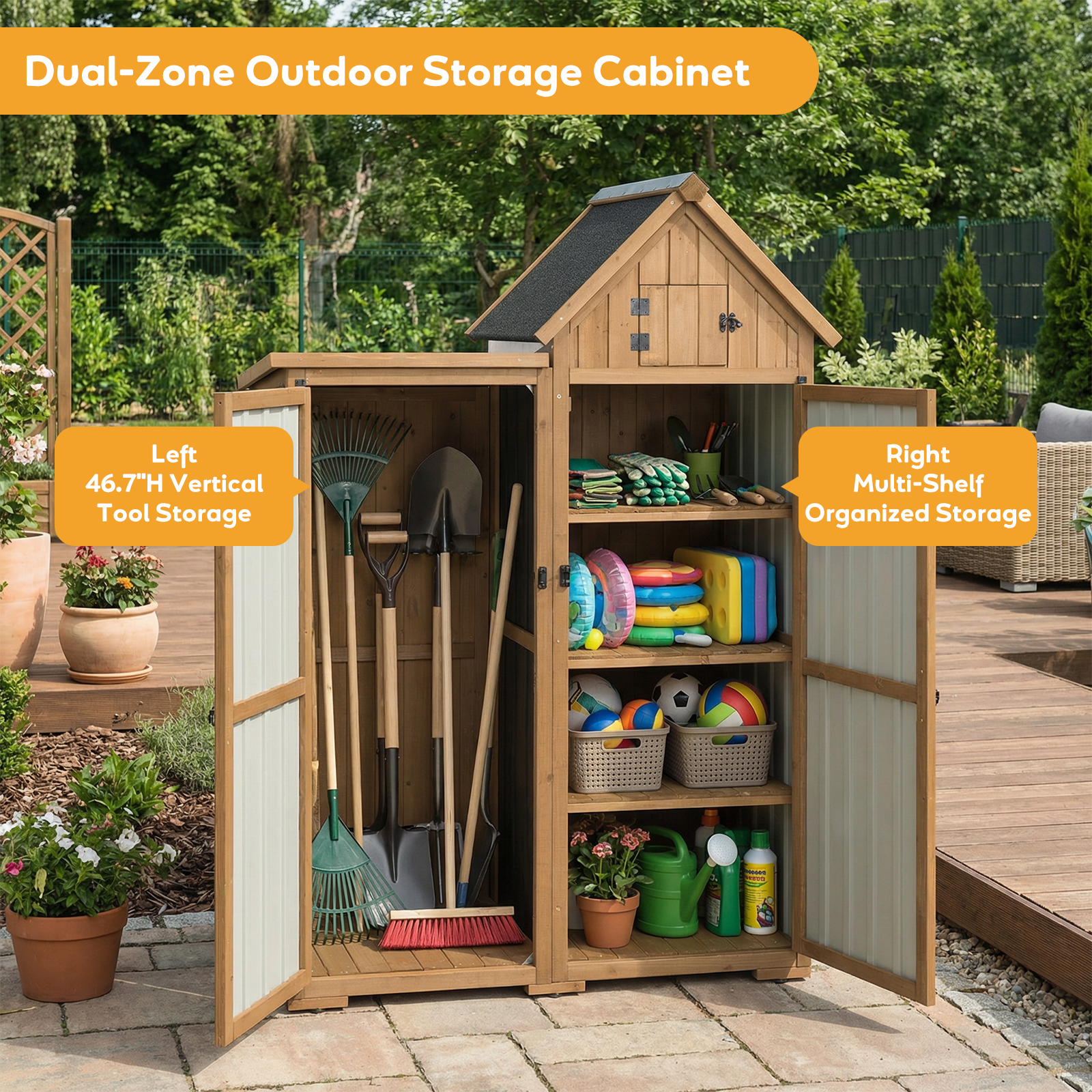 Outdoor Storage Cabinet, Wood & Metal Garden Shed with Lockable Doors-GF41