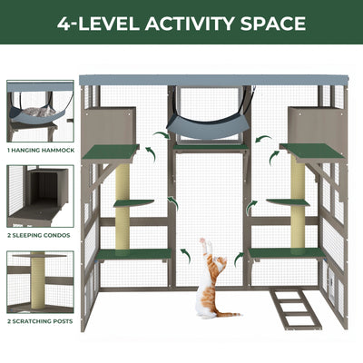 Expandable Multi-Cat Catio with 7 Platforms,2 Rooms, A Hammock & 2 Scratch Posts-PET91