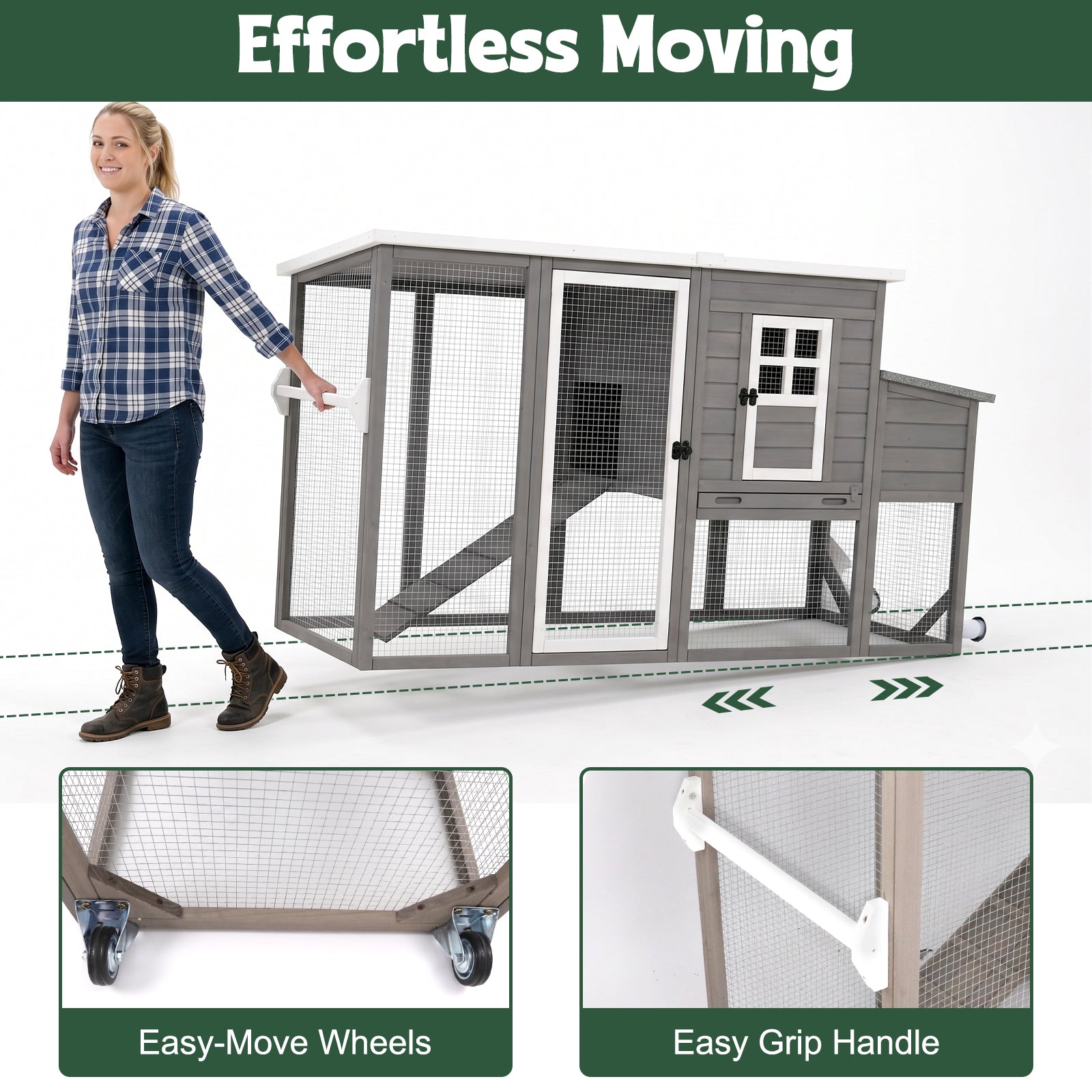 Small Chicken Coop with Run for 2-3 Chickens with Wheels