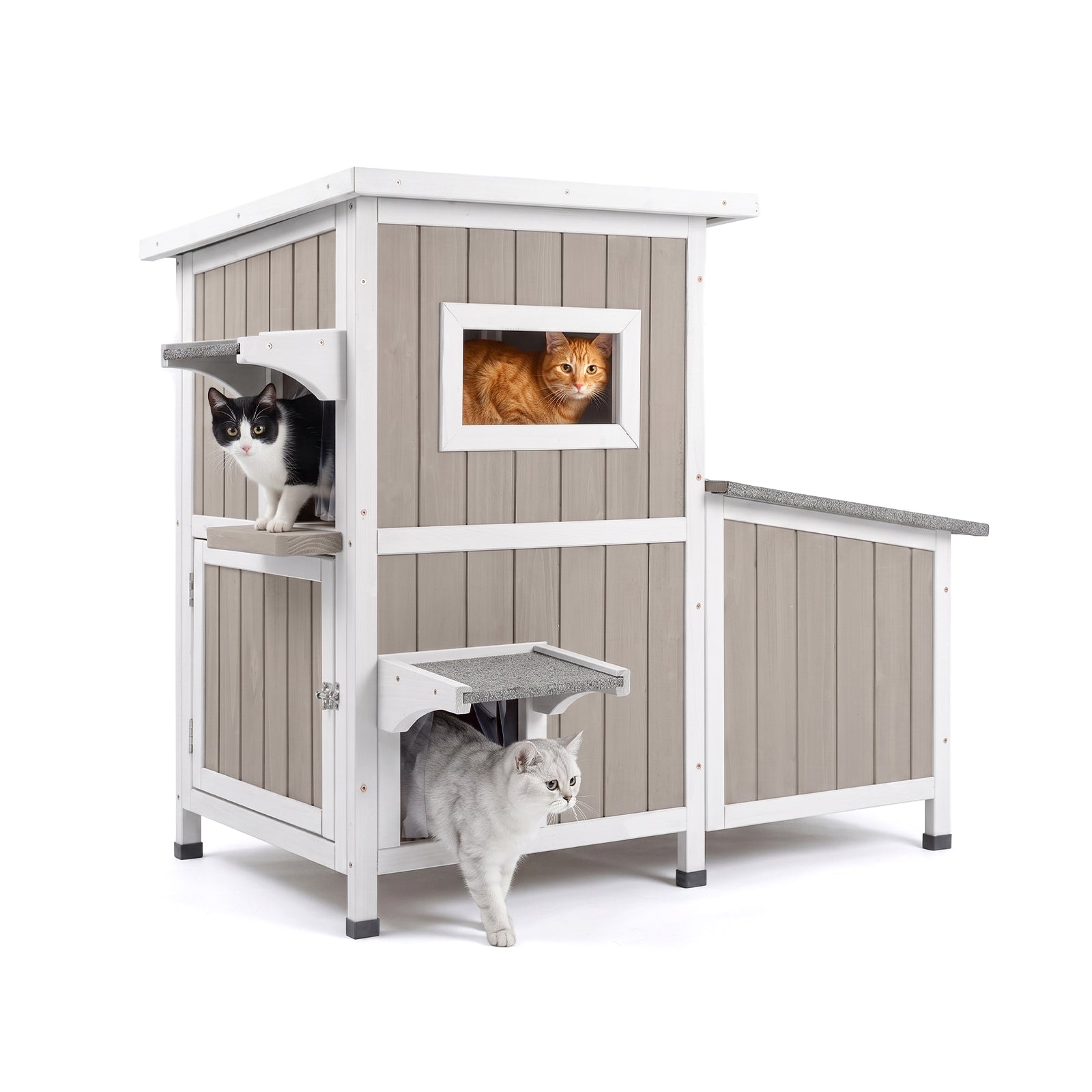 Outdoor Cat House 2 Story with 3 Escape Doors, Feral Cat House with 2 Rest Rooms for 2-3 Cats-PET19