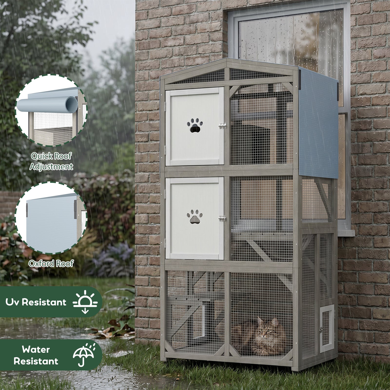 Rolling Wooden Catio with Platforms, Cat Condo & Clear Lounge Area-PET95