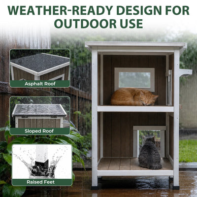 2-Story Weatherproof Wooden Cat House Spacious Outdoor Shelter - PET20