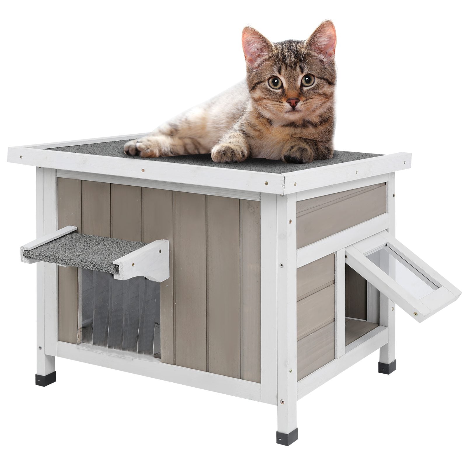 PETSCOSSET Outdoor Cat House for Feral Cats, Weatherproof Wooden Shelter with Open Roof, Easy to Assemble, 22.4"x18.4"x17.5"