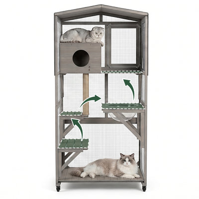 Rolling Wooden Catio with Platforms, Cat Condo & Clear Lounge Area-PET95