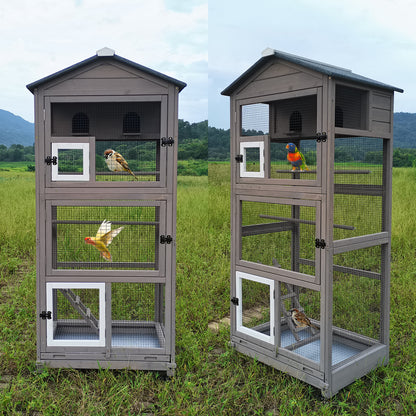 Full view of bird cage with wheels and perches