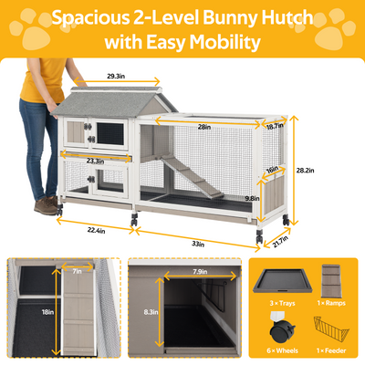 PETSCOSSET Rabbit Hutch Outdoor Indoor Bunny Hutch with Run 2-Story Large Rabbit Cage on 6 Wheels, 3 Leak Proof Trays, Ramp, Waterproof Roof for Small to Medium Animals, Expandable Design