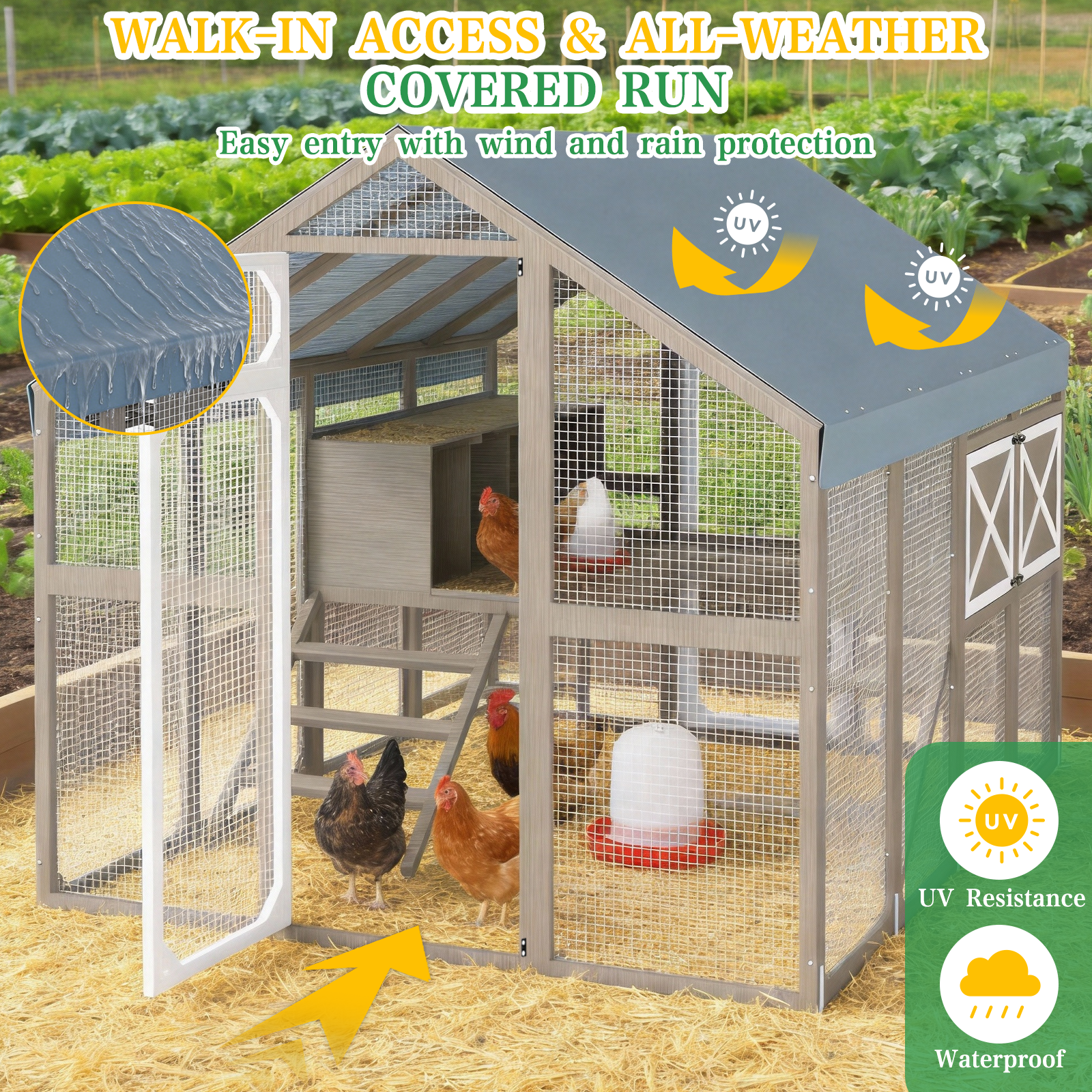 Large Chicken Coop for 8-12 Chickens, Walk-In Run with Nesting Boxes-PET29