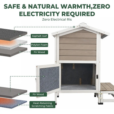 2-Story Insulated Wooden Cat House with Balcony & Escape Door- PET71-TI