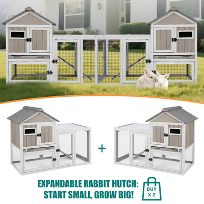 PETSCOSSET 48" Wooden Rabbit Hutch, 2-Story Bunny Cage for Indoors & Outdoors, Waterproof with Tray & Ramp