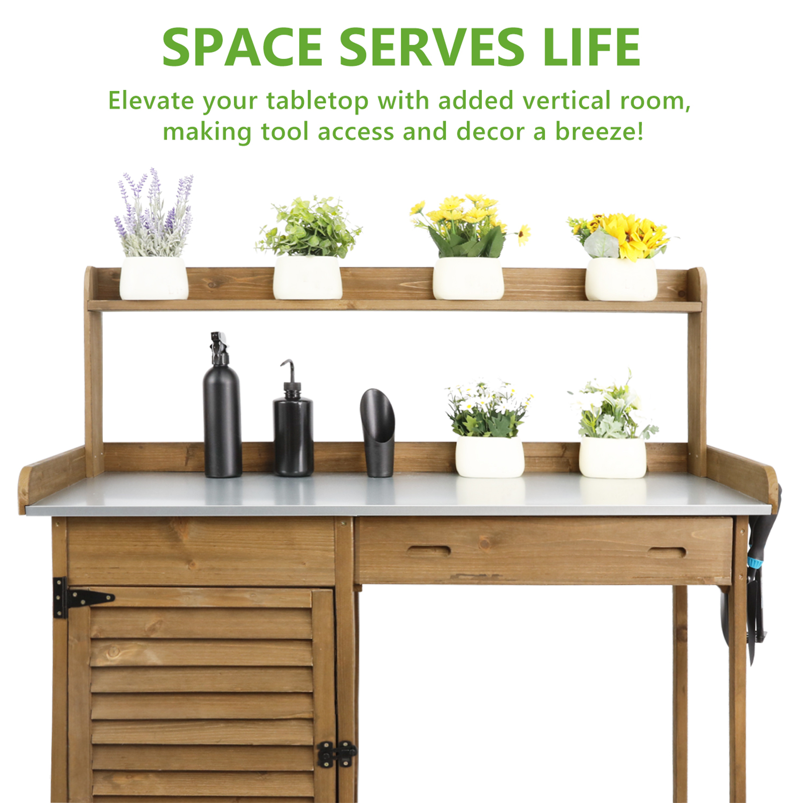 Wooden Potting Bench with Metal Tabletop, Waterproof Garden Table-Brown-GF10