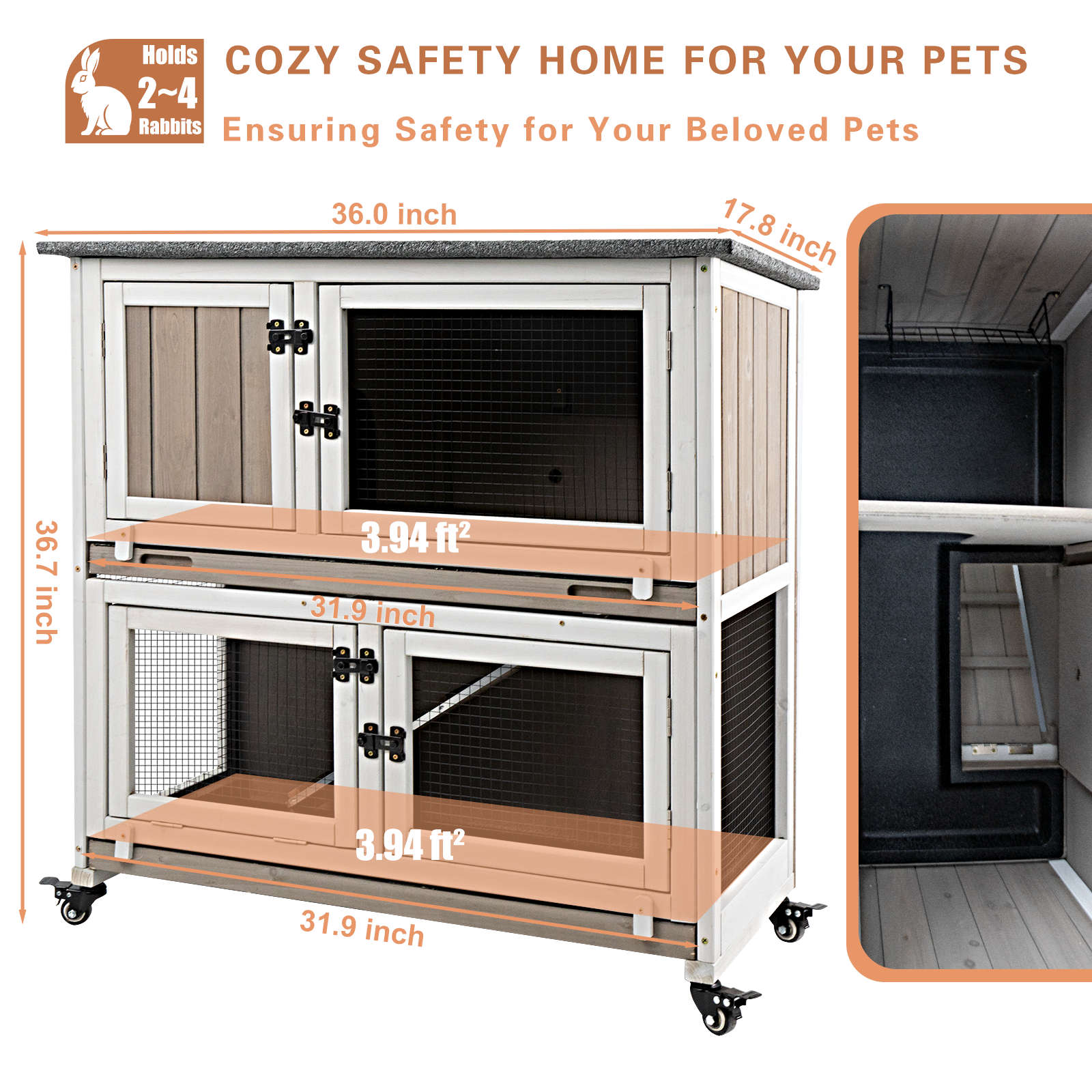 Grey wooden guinea pig house with pull-out tray