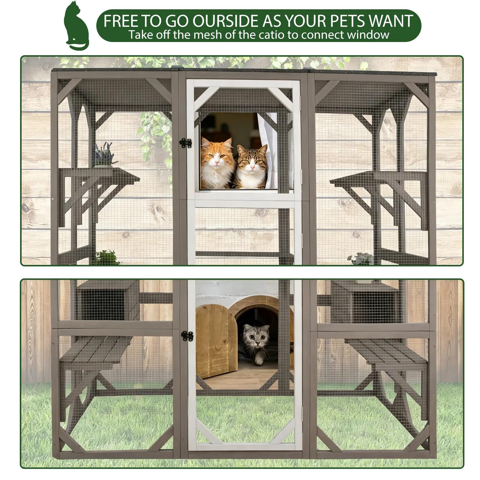 PETSCOSSET 71″ Catio Outdoor Cat Enclosure Large Wooden Cat House with 5 Platforms for Multiple Cats,Wood