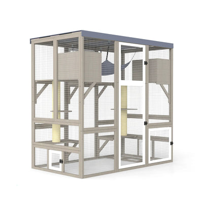 Expandable Multi-Cat Catio with 7 Platforms,2 Rooms, A Hammock & 2 Scratch Posts-PET91
