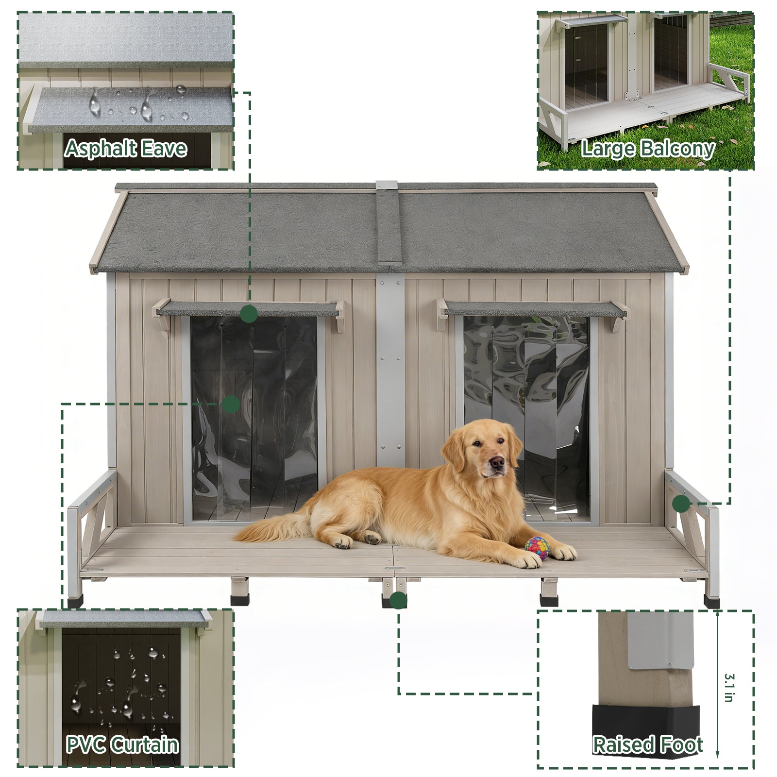 Large Wooden Outdoor Dog House for 2 Dogs, Weatherproof with