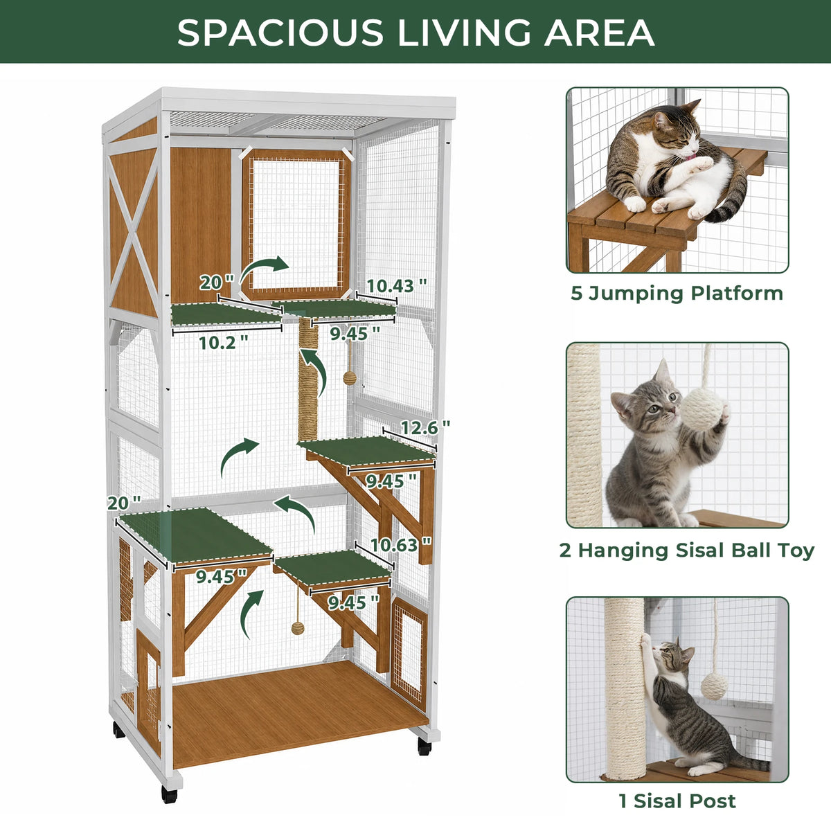 62.6" Rolling Wooden Outdoor Catio with Waterproof Roof & Window Access-PET98
