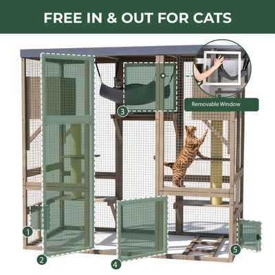 Expandable Multi-Cat Catio with 7 Platforms,2 Rooms, A Hammock & 2 Scratch Posts-PET91