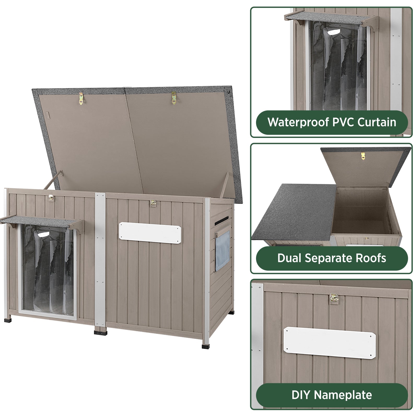 xl dog house with dual hinged roofs and PVC curtain