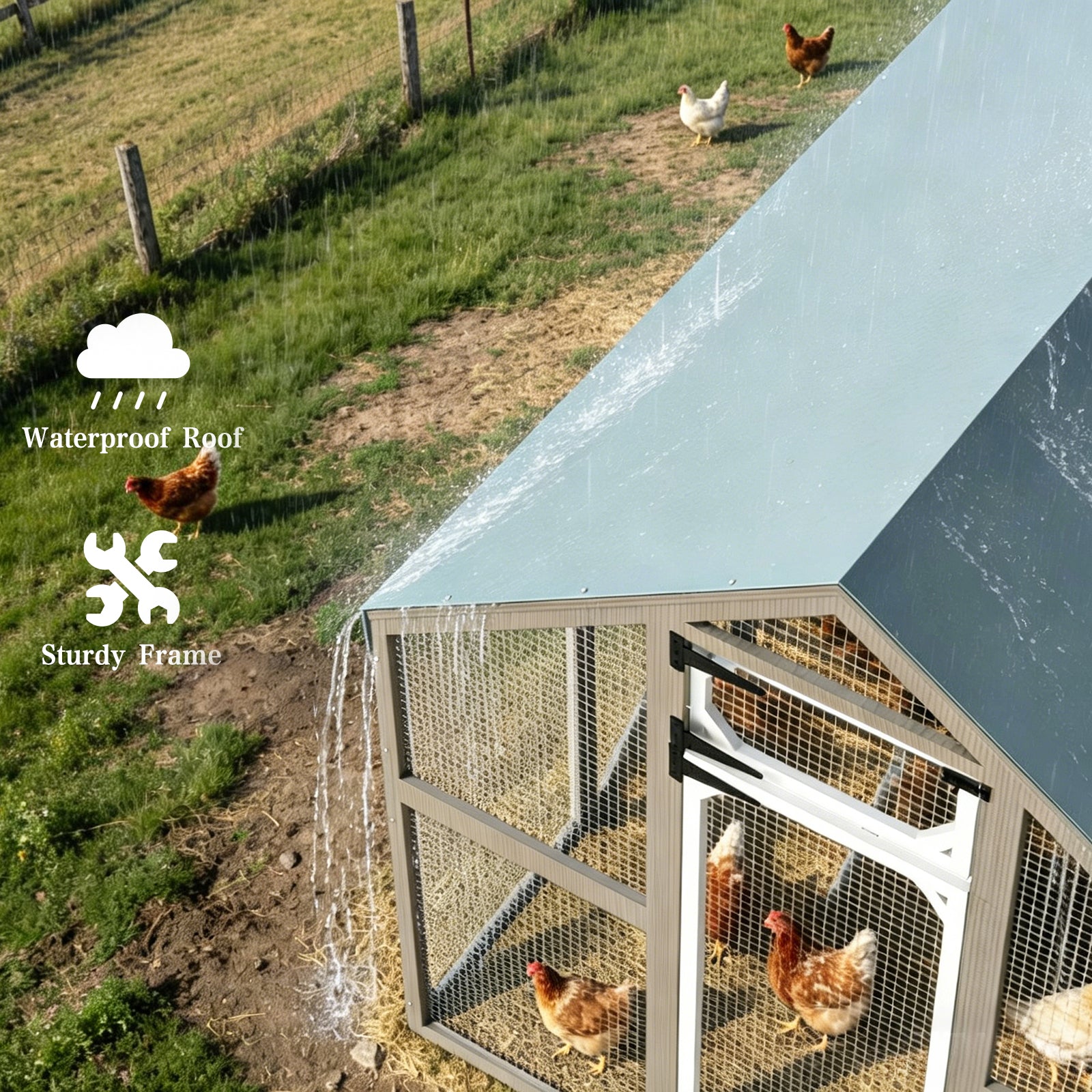 Large Chicken Coop for 8-12 Chickens, Walk-In Run with Nesting Boxes-PET29