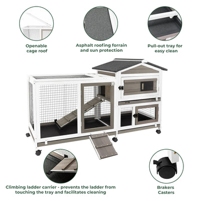 PETSCOSSET Rabbit Hutch (55.3"L) - 2-Story, Wheels & 3 Trays - RAB14