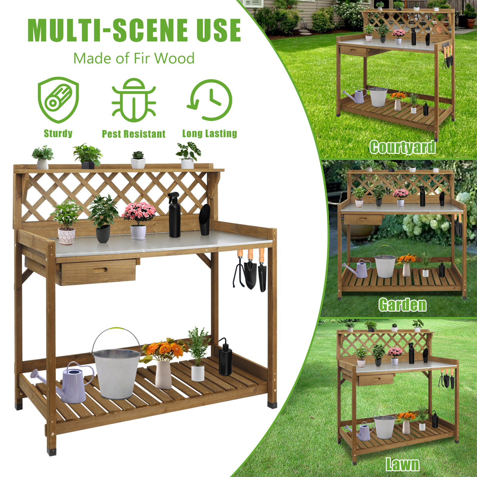 Wooden Potting Benches & Tables, W/Metal Table Top, Drawer, Bottom Shelf-GF11