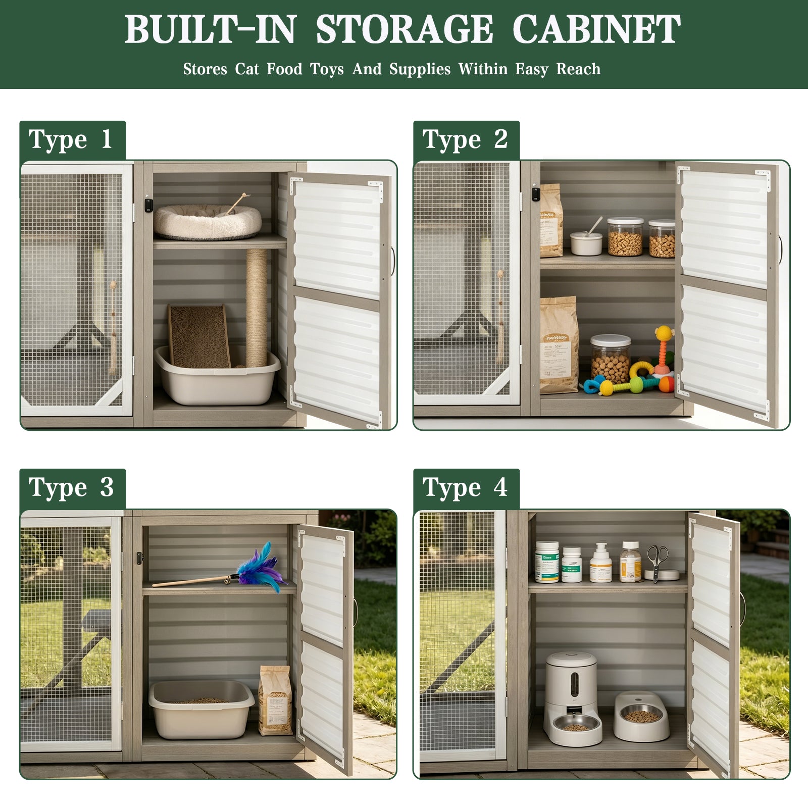 Large Walk-in Wooden Catio with Storage Cabinet, 7 Platforms, Resting Boxes, Scratching Posts – PET96