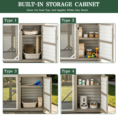 Large Walk-in Wooden Catio with Storage Cabinet, 7 Platforms, Resting Boxes, Scratching Posts – PET96