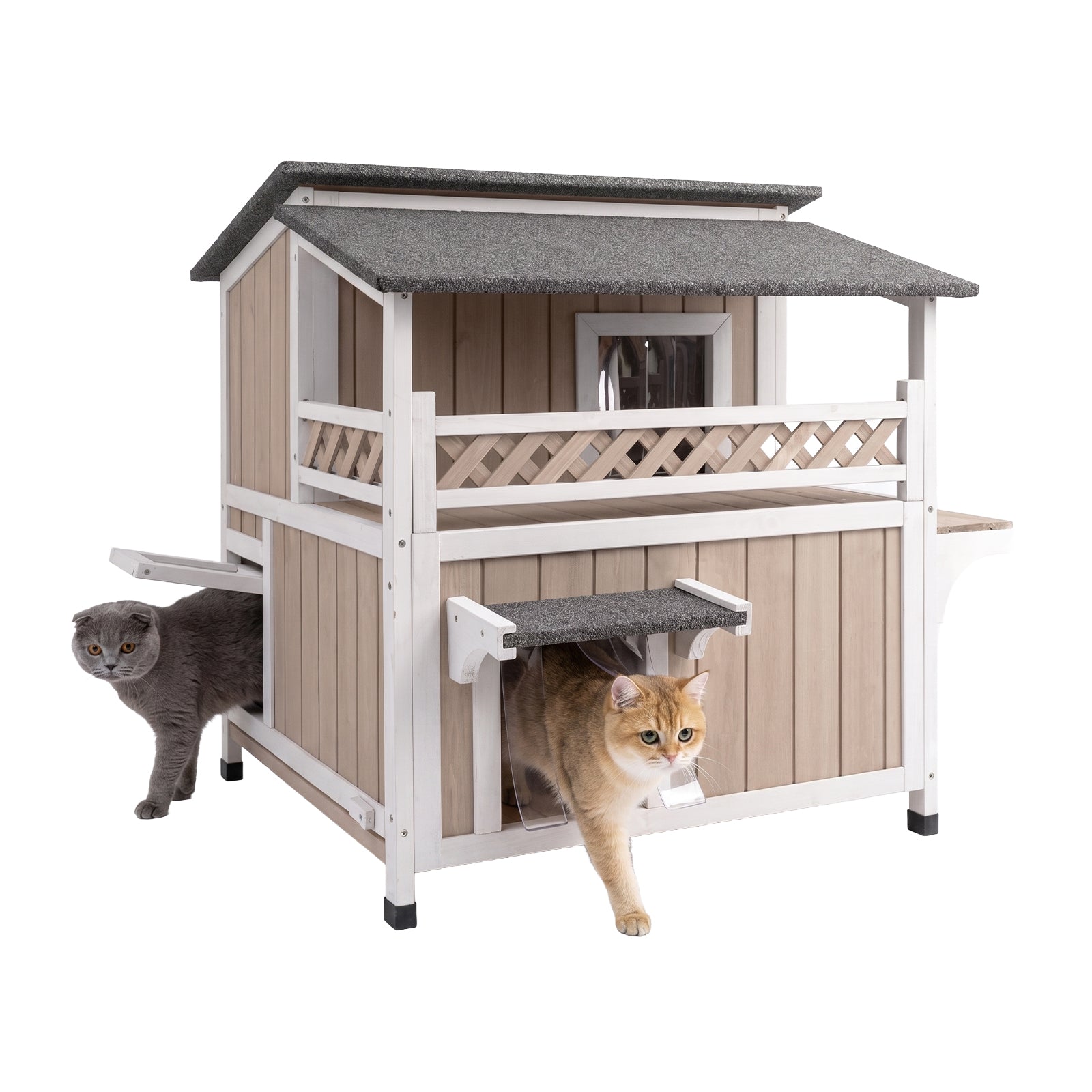 29″L Two Story Wooden Feral Cat House Outside with Balcony-PET14