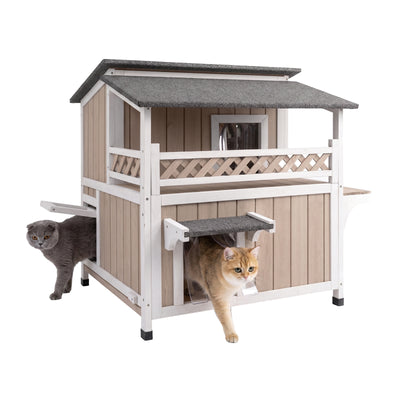 2-Story Weatherproof Wooden Cat House with Balcony - PET14