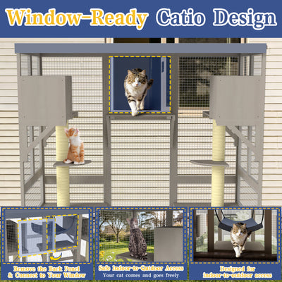 Window-Accessible Walk-in Catio, 4-Tier Outdoor Cat Enclosure with Platforms & Hammock, Large Weatherproof Cat House for Patio
