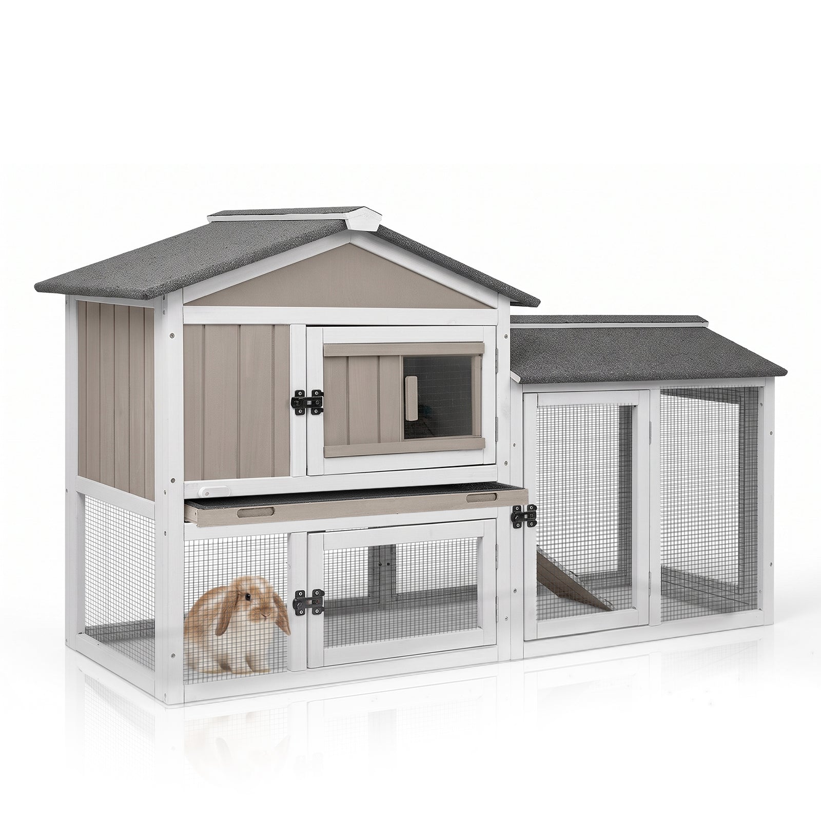 PETSCOSSET Rabbit Hutch (55.1"L) - 2-Story, Run & Pull-Out Tray - PET35