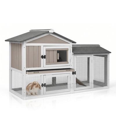 PETSCOSSET Rabbit Hutch (55.1"L) - 2-Story, Run & Pull-Out Tray - PET35