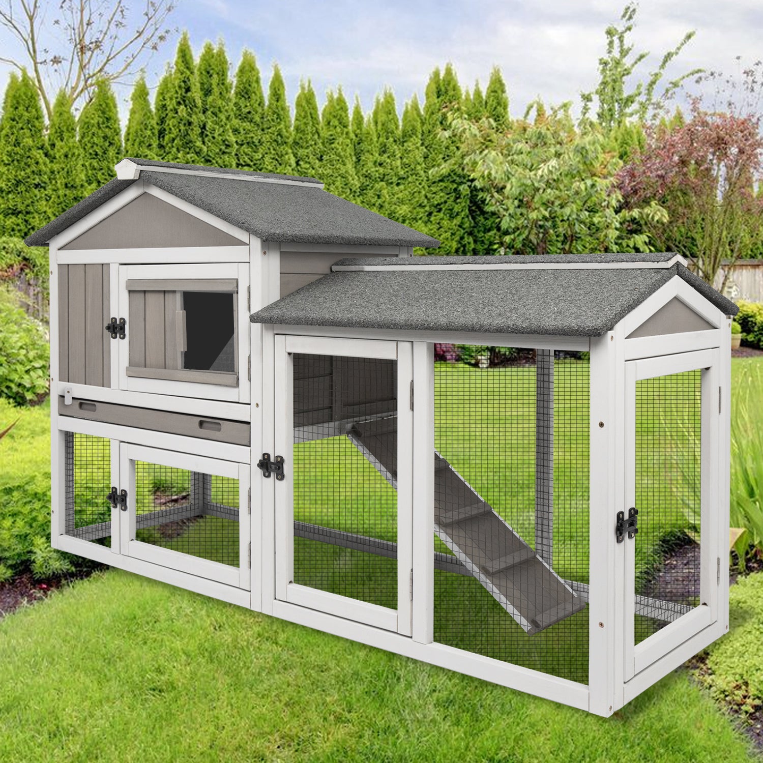Spacious rabbit cage with ramp, pull-out tray, and asphalt roof