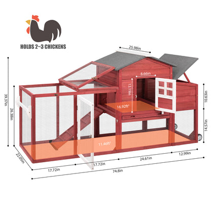 78.7″ Combinable Wooden Chicken Coop with Wheels & Run-PET21W-REDWHITE