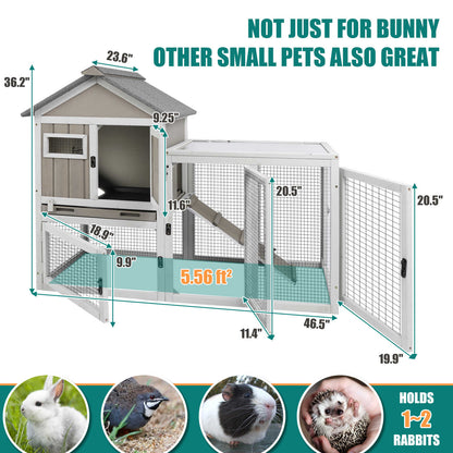 PETSCOSSET 48" Wooden Rabbit Hutch, 2-Story Bunny Cage for Indoors & Outdoors, Waterproof with Tray & Ramp