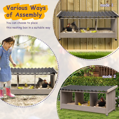 Brown wooden chicken nesting box with weather-resistant roofing