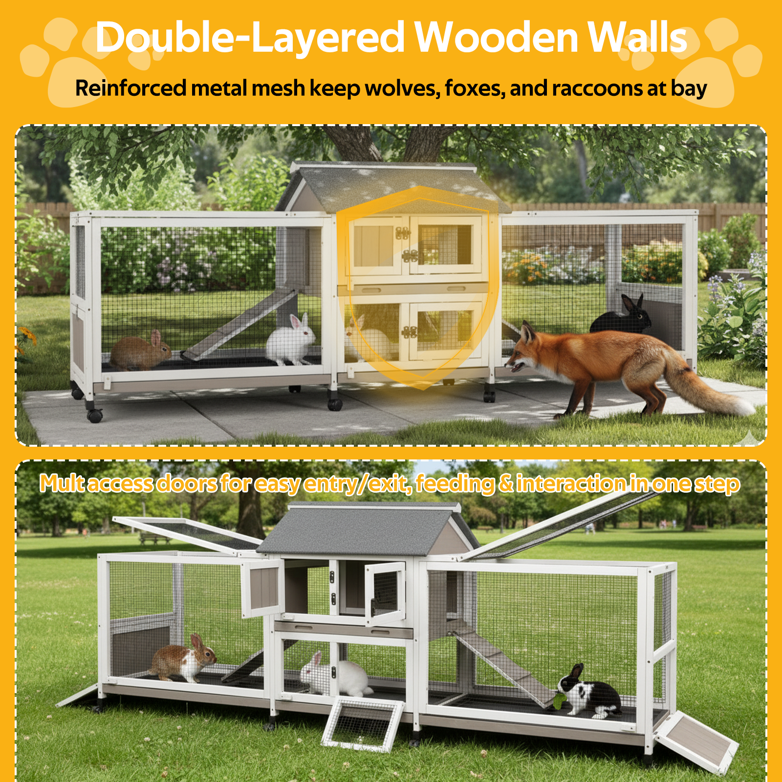 Large Outdoor Wooden Rabbit Hutch with Double Runs & Wheels-PET81