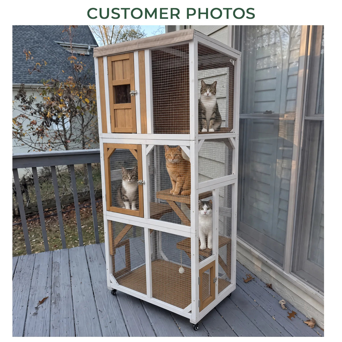 62.6" Rolling Wooden Outdoor Catio with Waterproof Roof & Window Access-PET98