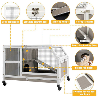 PETSCOSSET Indoor Guinea Pig Cage on Wheels, Large Small Animal Habitat with Ramp, Hideout & Deep Pull-Out Tray for Rabbit, Chinchilla, Rat