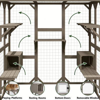 PETSCOSSET 71″ Catio Outdoor Cat Enclosure Large Wooden Cat House with 5 Platforms for Multiple Cats,Wood