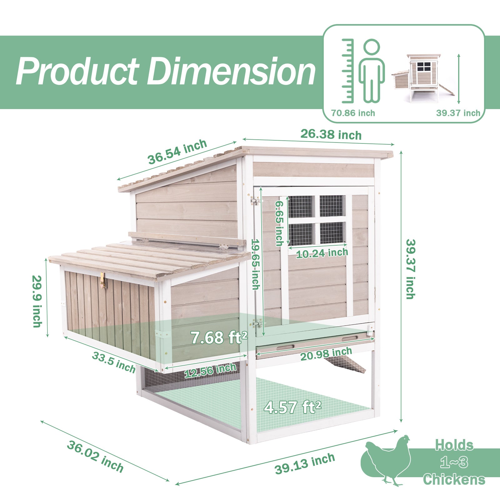 PETSCOSSET Wooden Chicken Coop, Elevated Hen House with 3-Compartment Nesting Box