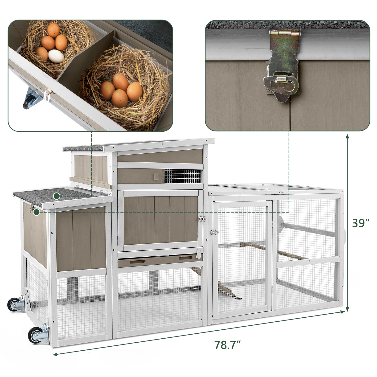 Petscosset-Medium Chicken Coop with Run for 2-6 Chickens with Wheels