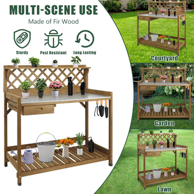 Wooden Potting Benches & Tables, W/Metal Table Top, Drawer, Bottom Shelf-GF11