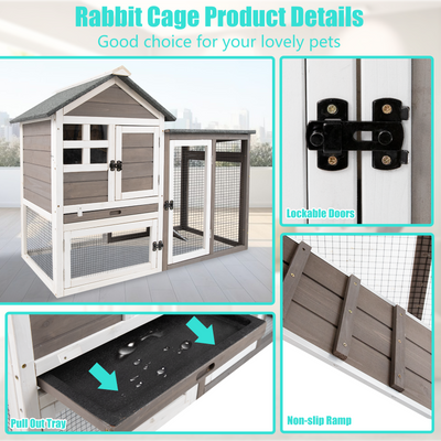 PETSCOSSET Rabbit Hutch Bunny Cage Indoor, Two-Story Large Rabbit Cage Guinea Pig House with Tray, Gray