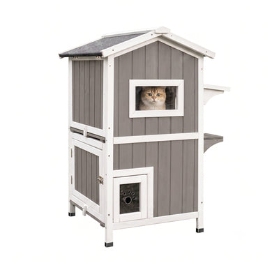 Outdoor Two-Story Cat House with Open Roof & Escape Door-PET04-GREYWHTIE